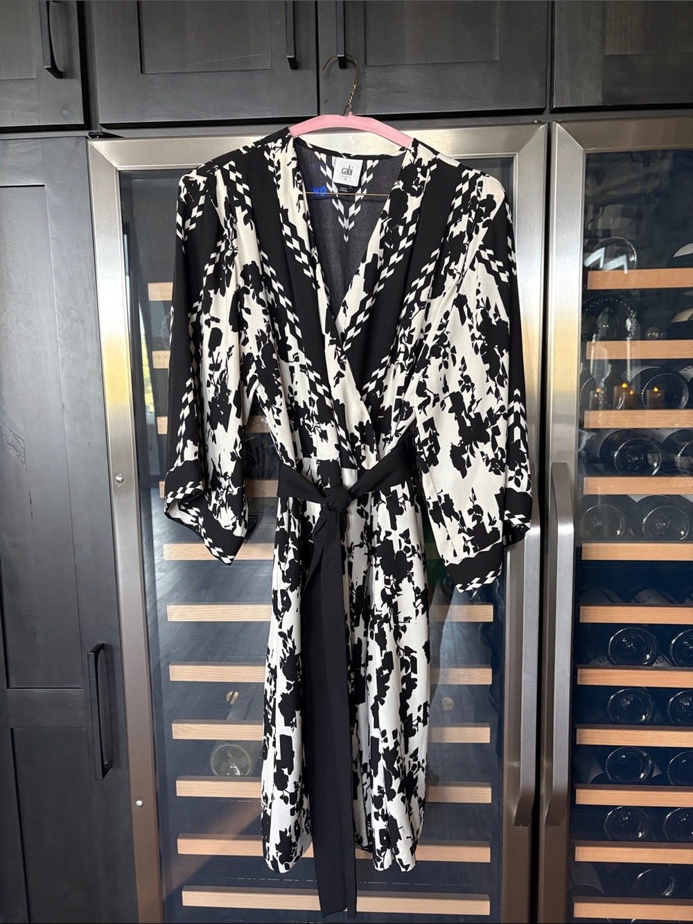 CAbi Black and off White Printed dress with Belt